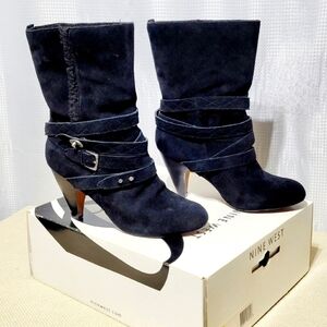 Nine West Black Suede & Strappy Mid-Calf Heeled Pull On Style Boots (9M)